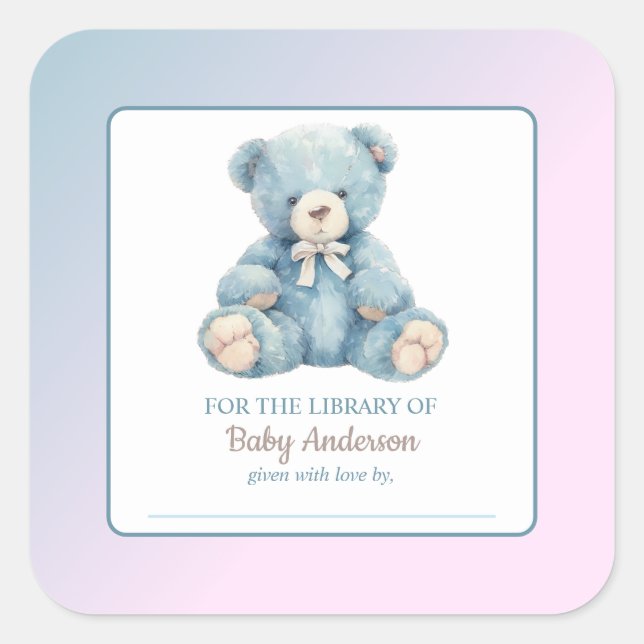 Cute Blue Teddy Bear Baby Shower Bookplate  (Front)