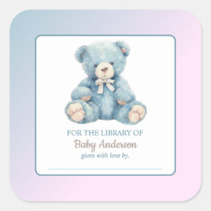 Cute Blue Teddy Bear Baby Shower Bookplate 