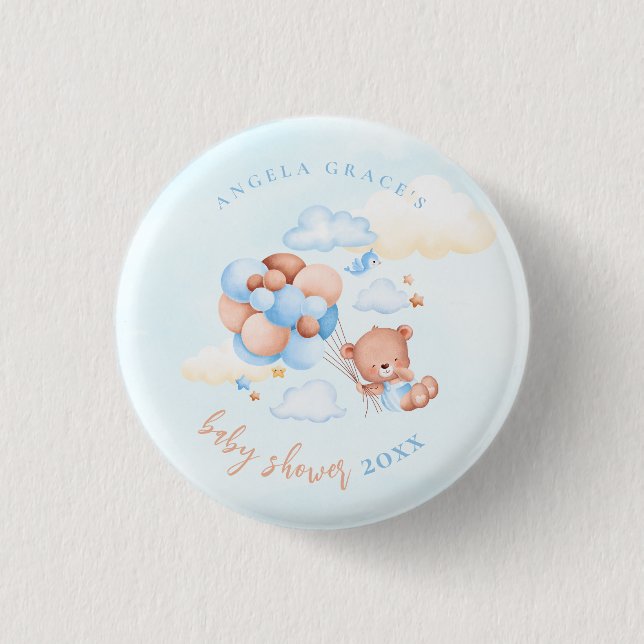 Cute Blue Teddy Bear Baby Shower Button (Front)
