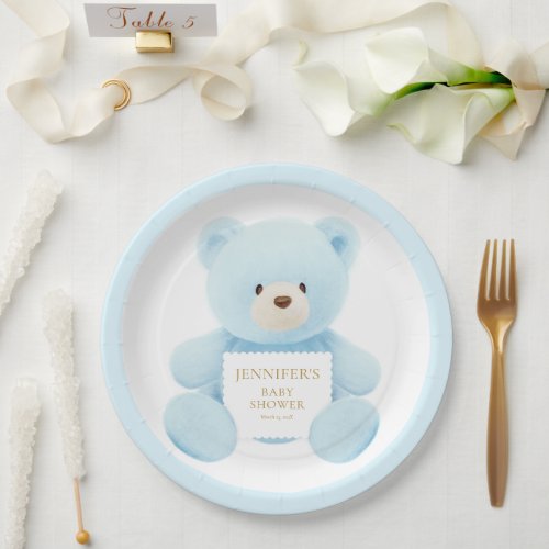 Cute Blue Teddy Bear Baby Shower Paper Plates