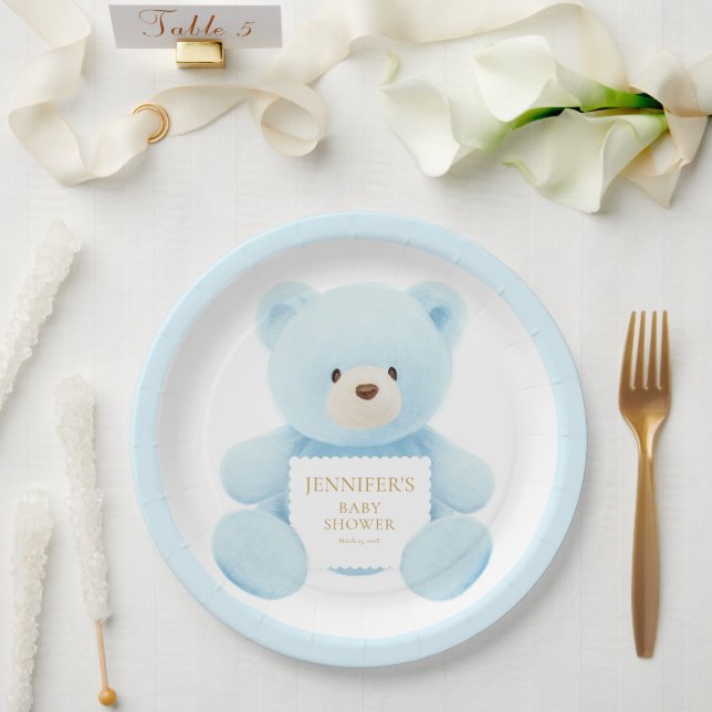 Cute Blue Teddy Bear Baby Shower Paper Plates (Wedding)