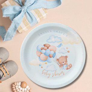 Cute Blue Teddy Bear Baby Shower Paper Plates