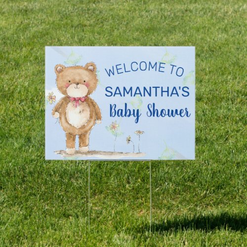 Cute Blue Teddy Bear Baby Shower Welcome Yard Sign