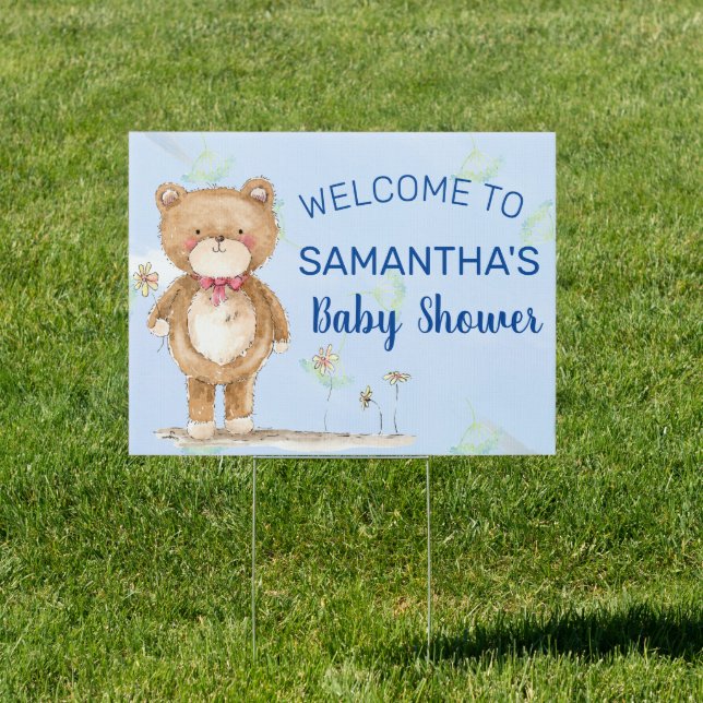 Cute Blue Teddy Bear Baby Shower Welcome Yard Sign (Insitu)