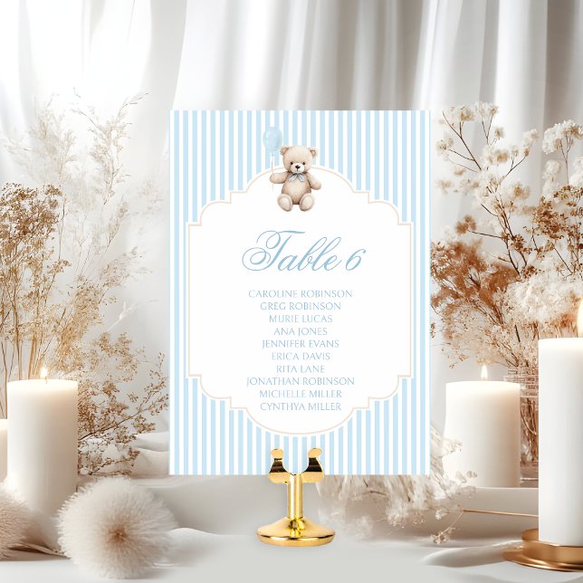 Cute Blue Teddy Bear Balloon Baby Boy Table Number (Creator Uploaded)