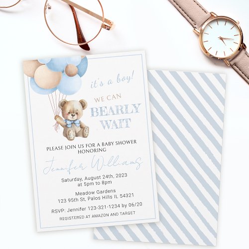 Cute blue teddy bear balloons baby boy shower invitation