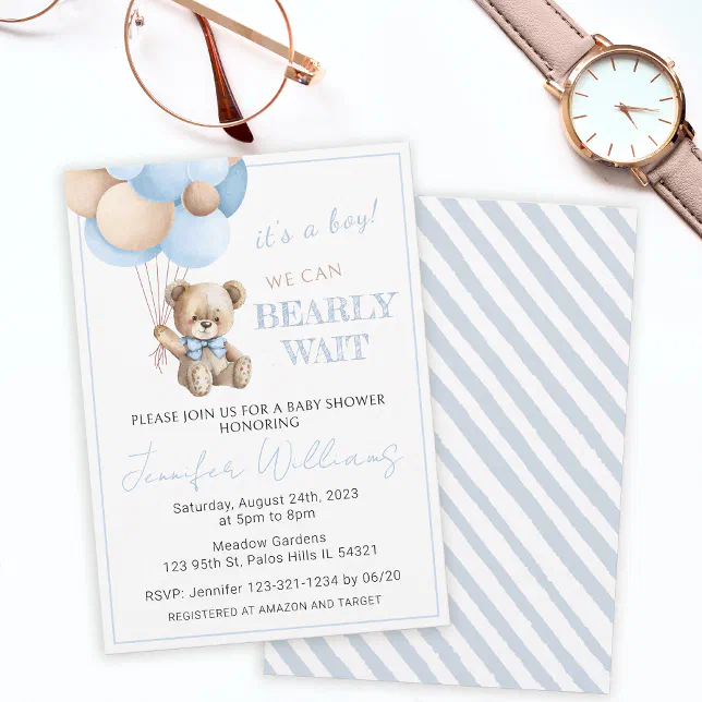 Cute blue teddy bear balloons baby boy shower invitation | Zazzle