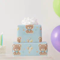 Blue Baby Boy Teddy Bear Watercolor Baby Shower Wrapping Paper, Zazzle