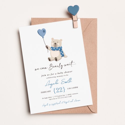 Cute Blue Teddy Bear Bearly Wait Baby Shower Invitation