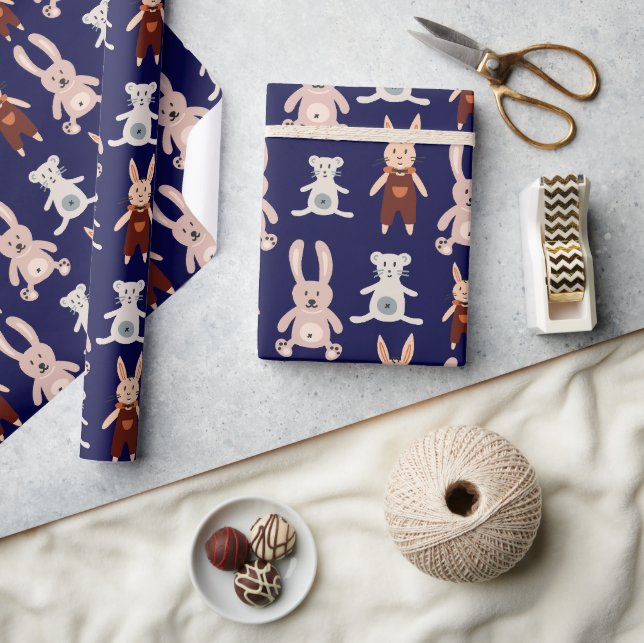 Cute Blue Teddy Bear Cat Toy Pattern Wrapping Paper (Crafts)