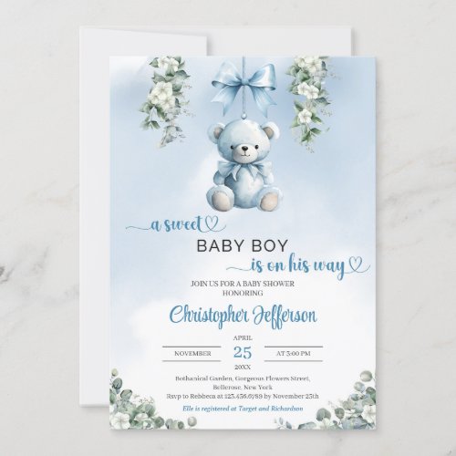 Cute blue teddy bear eucalyptus boy Baby Shower Invitation