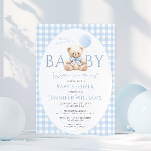 Cute Blue Teddy Bear Gingham Bow Baby Boy Shower Invitation