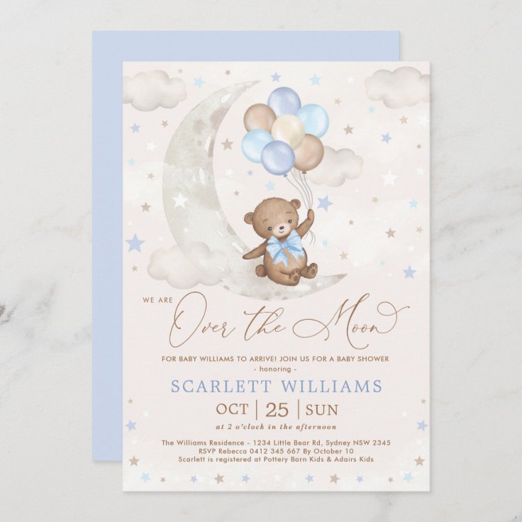 Cute Blue Teddy Bear Moon Balloons Boy Baby Shower Invitation | Zazzle