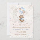 Cute Blue Teddy Bear Moon Balloons Boy Baby Shower Invitation (Front)