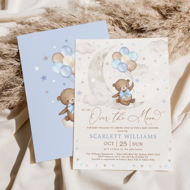 Cute Blue Teddy Bear Moon Balloons Boy Baby Shower Invitation | Zazzle