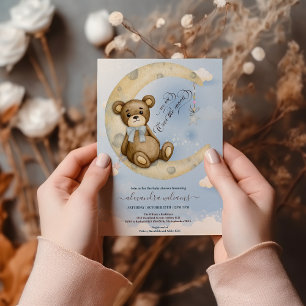 Cute Blue Teddy Bear Moon Balloons Boy Baby Shower Invitation