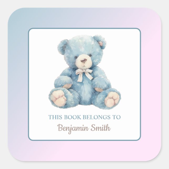 Cute Blue Teddy Bear Name Bookplate  (Front)