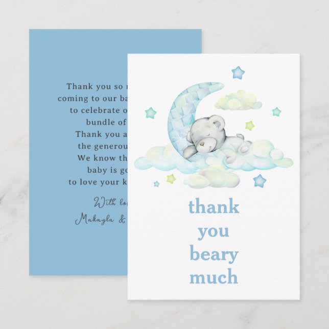 Cute Blue Teddy Bear On Moon Thank You Card (Front/Back)