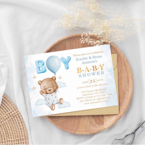 Cute Blue Teddy Bear with Balloon Baby Shower Invitation