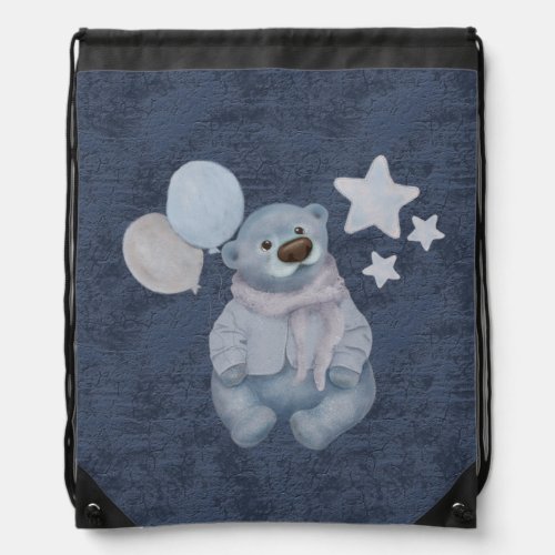  cute blue teddy bear with balloons drawstring bag