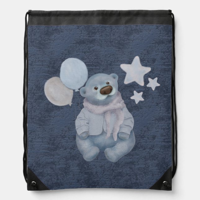  cute blue teddy bear with balloons drawstring bag (Front)