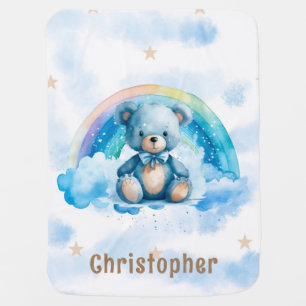 Cute Blue Teddy Bear with Rainbow Boy Baby Shower Blanket
