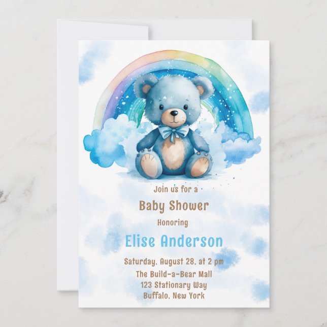 Cute Blue Teddy Bear with Rainbow Boy Baby Shower Invitation (Front)