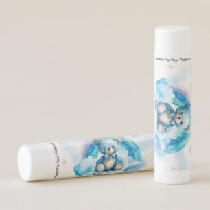 Cute Blue Teddy Bear with Rainbow Boy Baby Shower Lip Balm