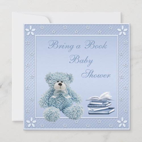 Cute Blue Teddy Bring a Book Baby Shower Invitation