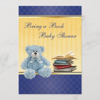 Cute Blue Teddy Elegant Bring A Book Baby Shower Invitation by AJ_Graphics at Zazzle