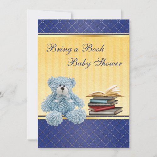 Cute Blue Teddy Elegant Bring a Book Baby Shower Invitation