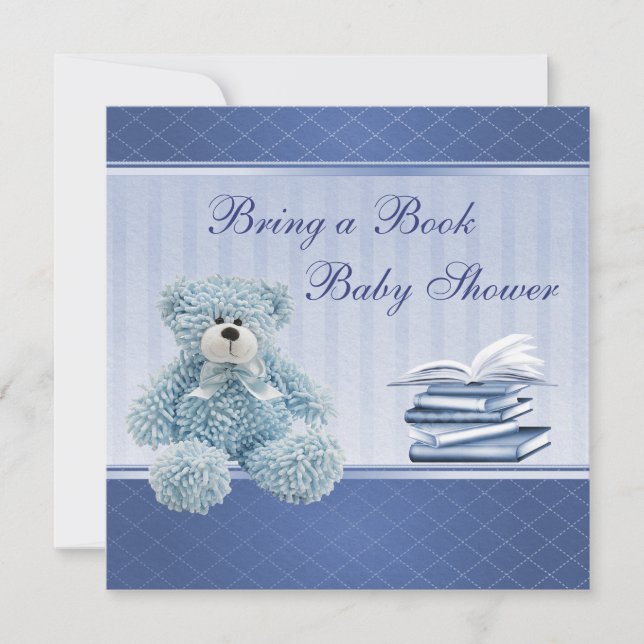 Cute Blue Teddy Elegant Bring a Book Baby Shower Invitation (Front)
