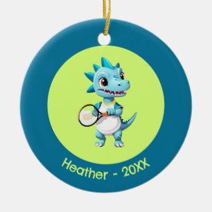 Cute blue tennis dinosaur ceramic ornament