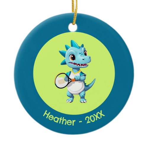 Cute blue tennis dinosaur ceramic ornament