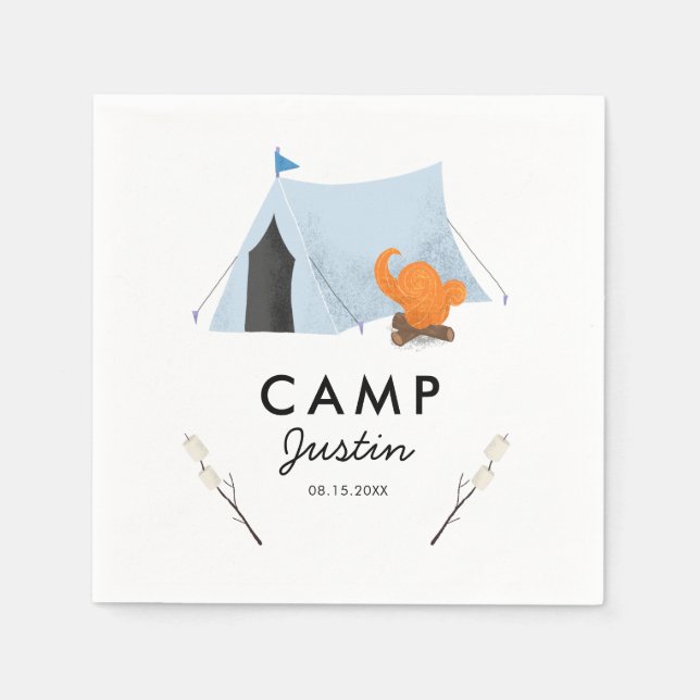 Cute Blue Tent Camping Birthday Party Napkins (Front)