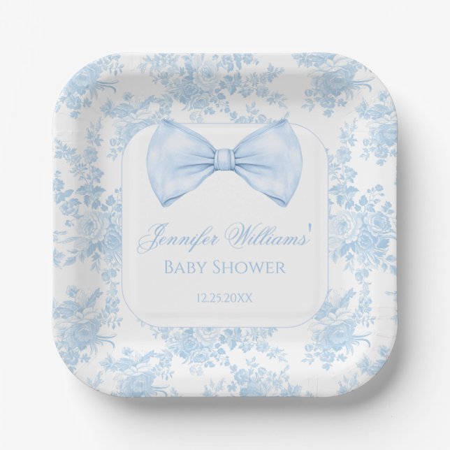 Cute Blue Toile Floral Bow Tie Baby Boy Shower Paper Plates (Front)