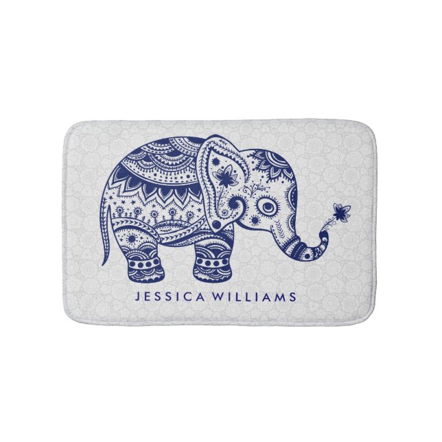 Cute Blue Tones Floral Elephant Bathroom Mat (Front)