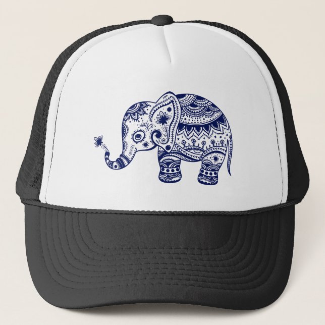 Cute Blue Tones Flower Elephant Trucker Hat (Front)
