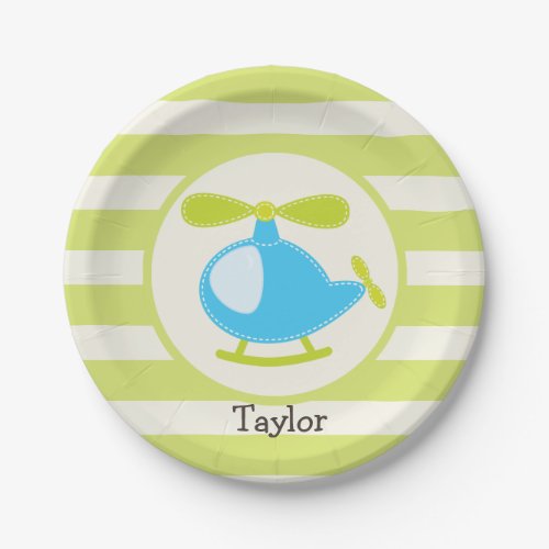 Cute Blue Toy Helicopter on Lime Green Stripes Paper Plates