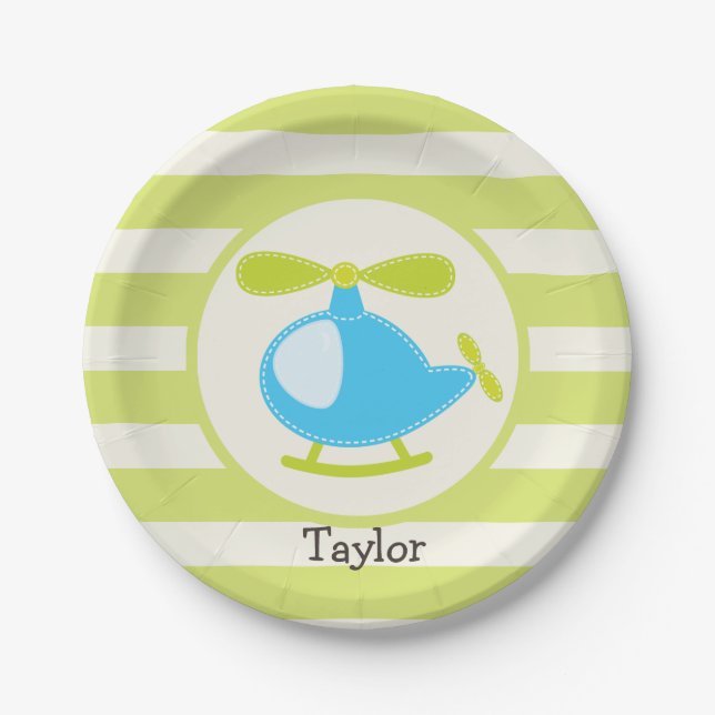 Cute Blue Toy Helicopter on Lime Green Stripes Paper Plates (Front)