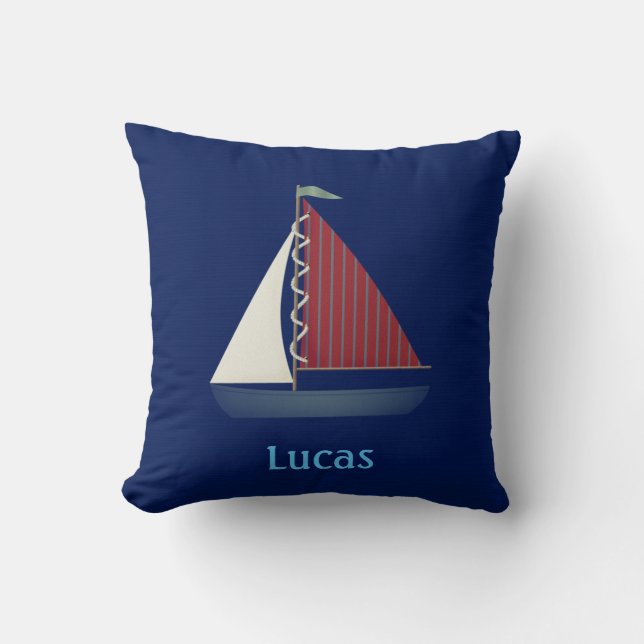 Cute Blue Toy Sailboat Throw Pillow (Front)