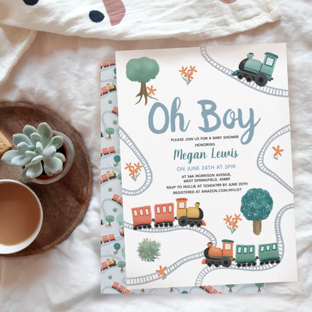 Cute Blue Train Travel Boys Baby Shower Invitation (Creator Uploaded)