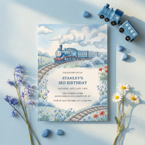 Cute Blue Train Watercolor Boys Birthday Party Invitation