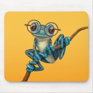 Cute Blue Tree Frog with Eye Glasses on Yellow Mouse Pad