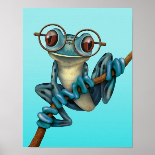 Cute Blue Tree Frog with Eye Glasses Poster