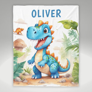 Cute Blue Trex Dinosaur Personalized Fleece Blanket