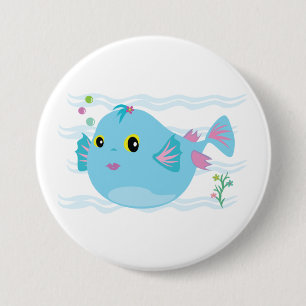 Cute Blue Tropical Fish Pink Fins Button