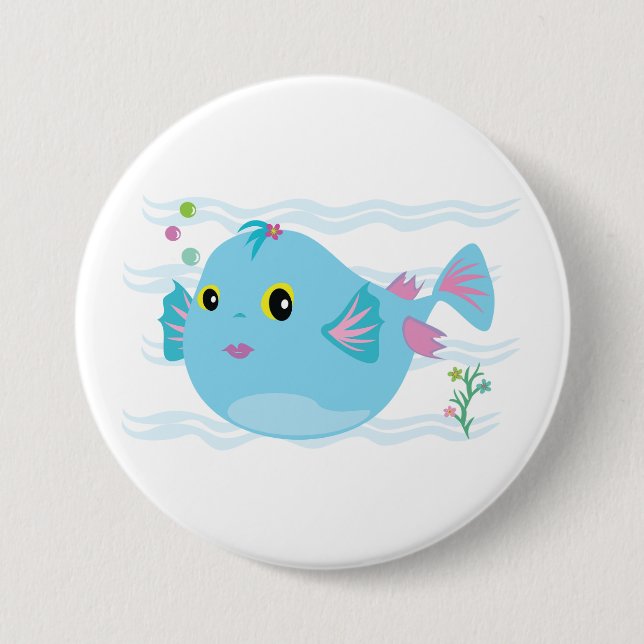 Cute Blue Tropical Fish Pink Fins Button (Front)