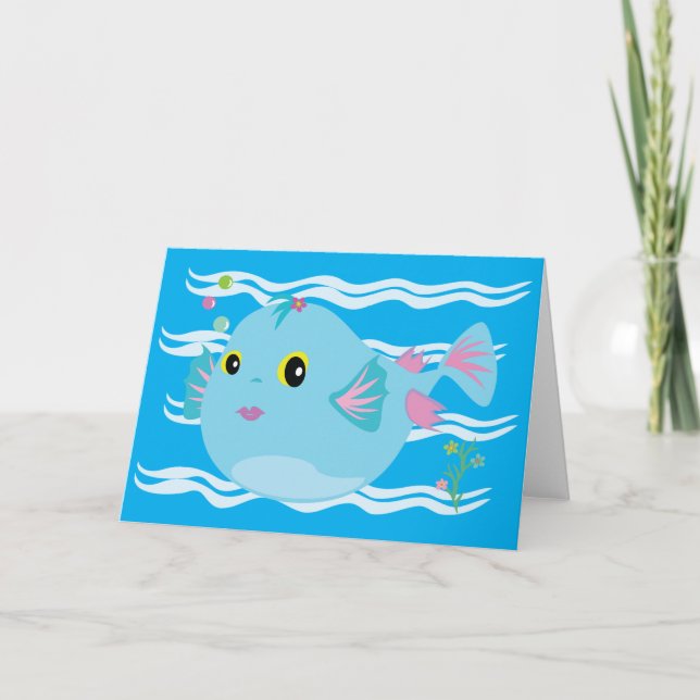 Cute Blue Tropical Fish Pink Fins Card (Front)