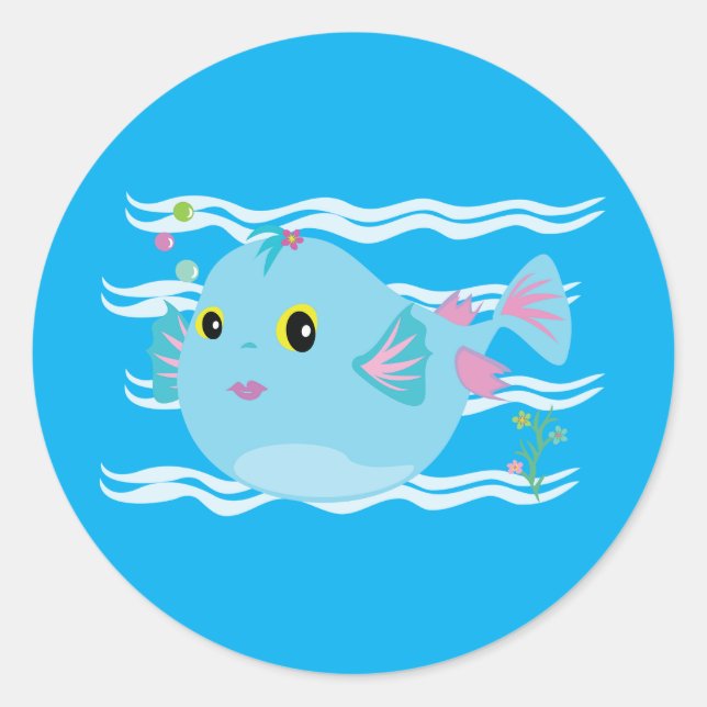 Cute Blue Tropical Fish Pink Fins Classic Round Sticker (Front)